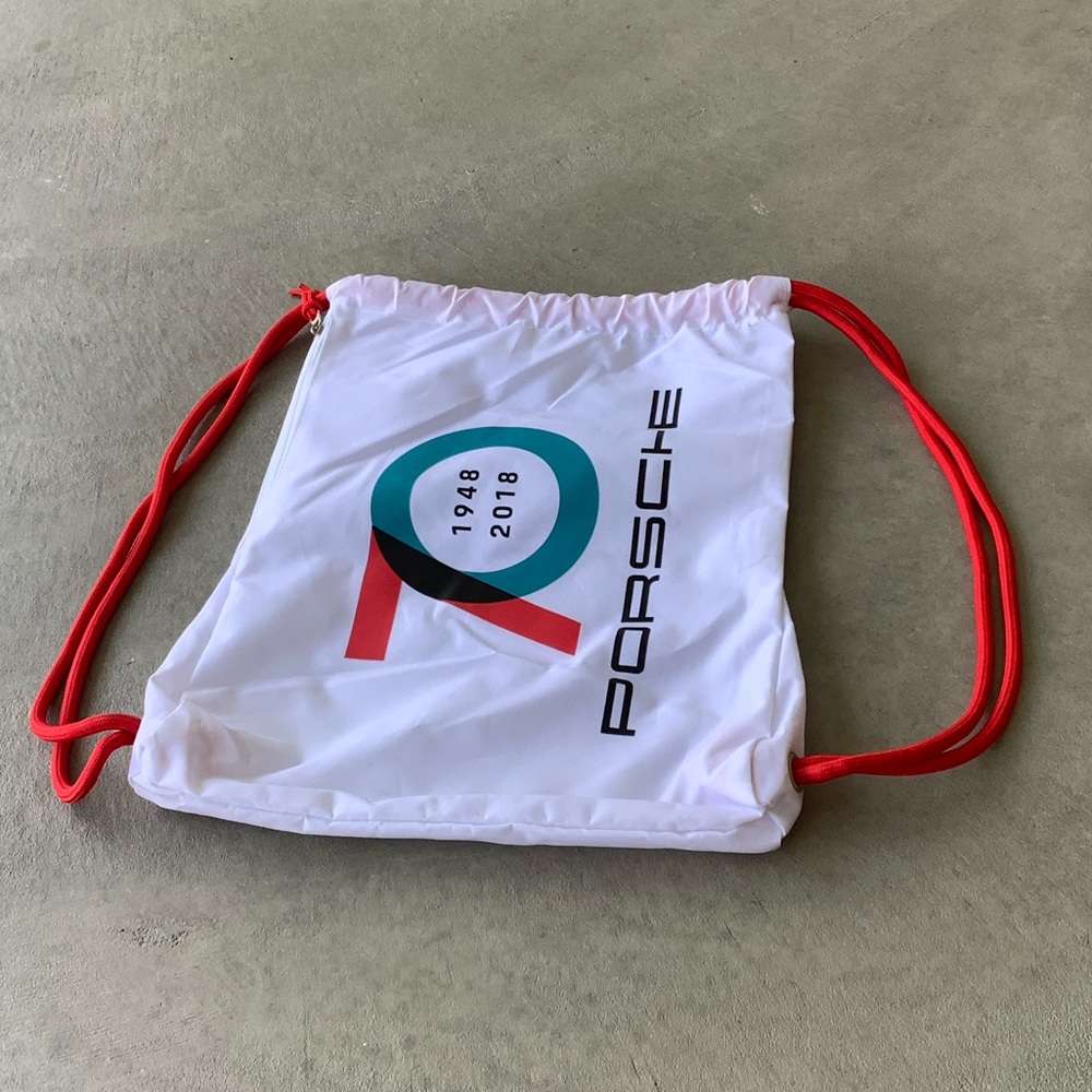Porsche White sports Bag with Red drawstrings